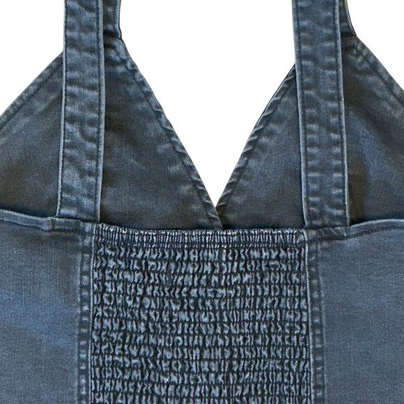 Black Denim Triangle Smocked Back Structured Silver Buttons Tank Top Large - Picture 3 of 7